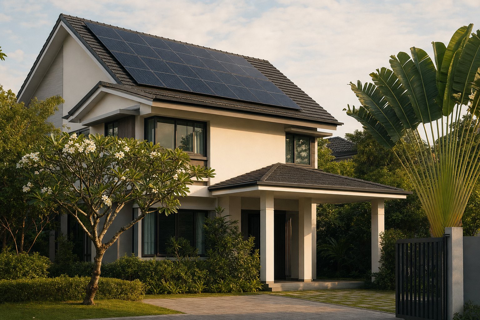 A Malaysian landed home with rooftop solar panels in late afternoon light
